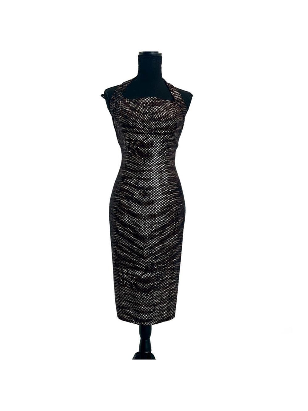 St. John evening brown tiger animal print sequin knit halter top bodycon dress 8